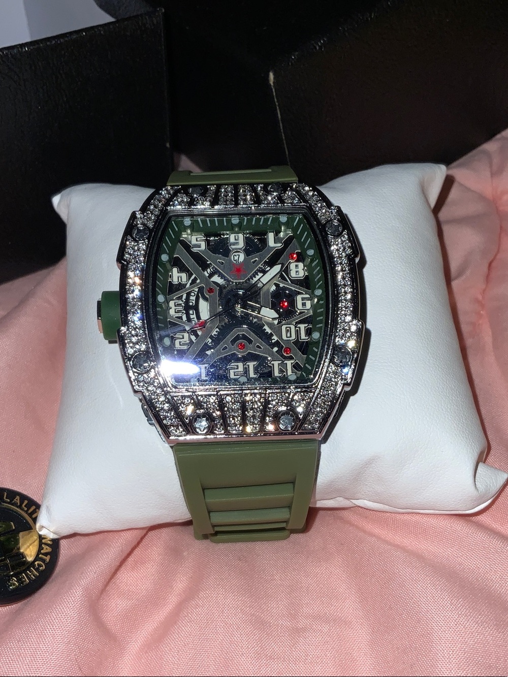 Green Dial Tonneau Watch with Crystal Bezel